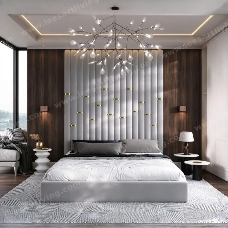 Custom Upholstered Headboard Wall Panel With Gold Metal Accents Dark Wood Side Panels And Platform Bed OEM ODM Whole House Soft Furniture