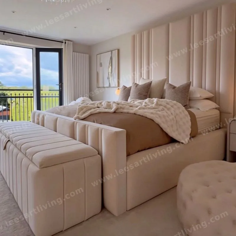 Custom Upholstered Bed With Tall Channel Tufted Headboard Storage Bench Nightstands And Round Ottoman OEM ODM Whole House Soft Furnitur