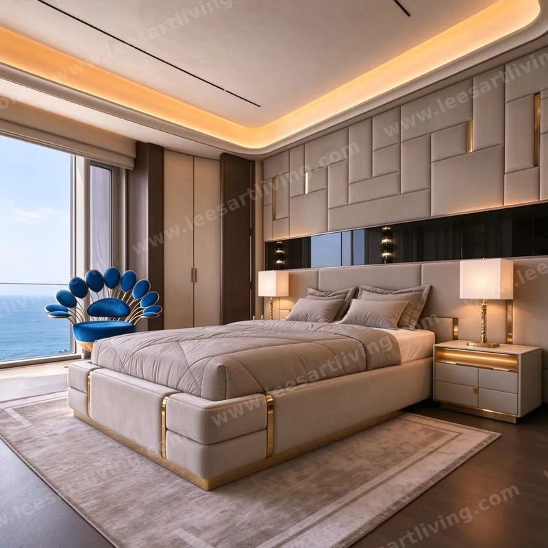 Custom Luxury Upholstered Bed Set With Geometric Panel Wall Headboard Nightstands And Velvet Accent Chair Gold Trim OEM ODM Whole House Soft Furniture