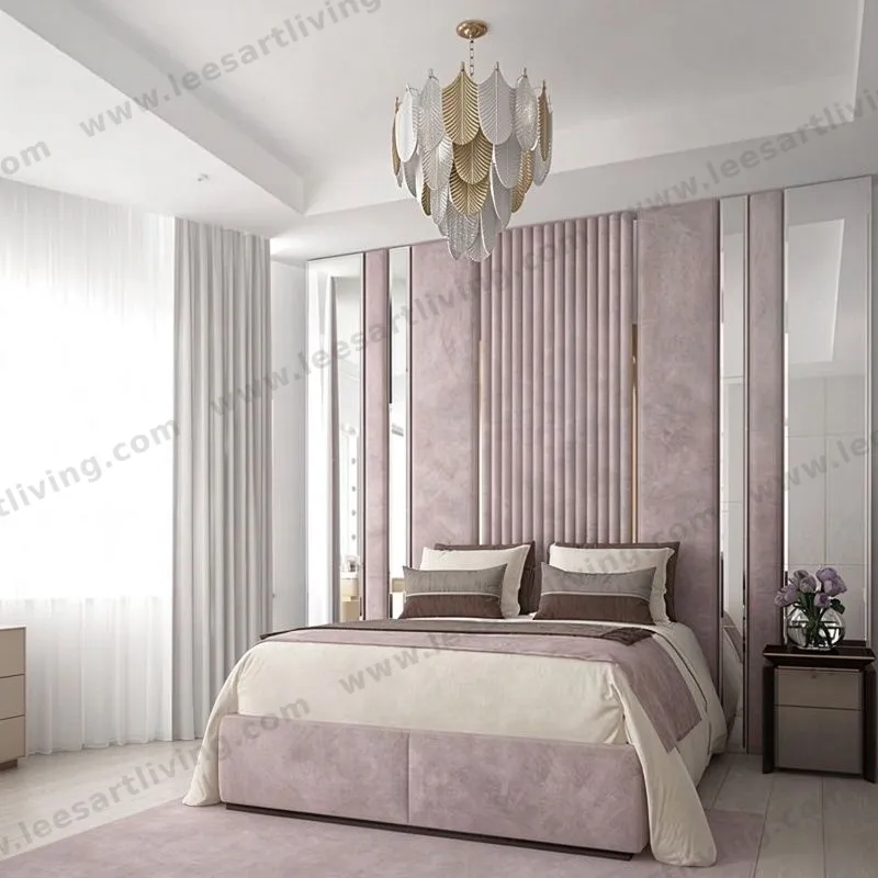Custom Upholstered Bed With Mirrored Wall Panel Fluted 2 in 1 Headboard Nightstand And Gold Trim OEM ODM Whole House Soft Furniture