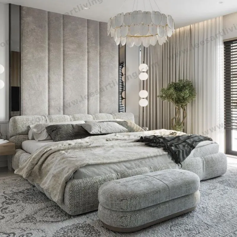 Custom Grey Upholstered Bed Set With Channel Tufted Wall Panel 2 in 1 Padded Headboard Bench And Nightstands OEM ODM Whole House Soft Furniture