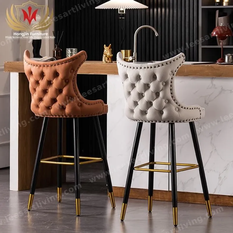 Luxury Tufted Upholstered Bar Stool with High Back & Gold Metal Legs OEM ODM Furniture Customize